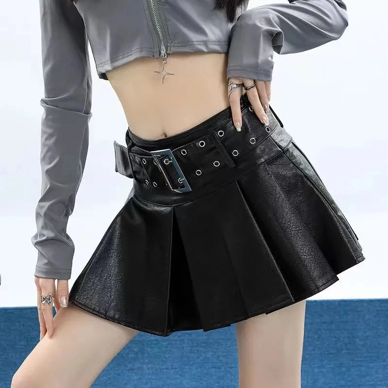 

Streetwear Pu Leather Mini Skirt Women Vintage Hottie Belt Pleated A Line Skirts High Waist Solid Korean Casual Subculture Skirt