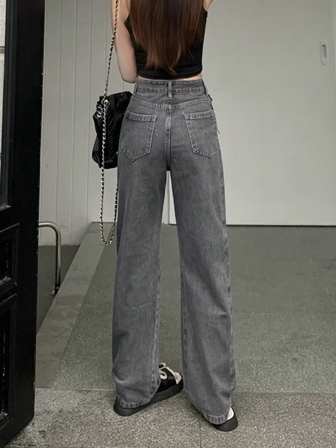 Korean Chic Autum Design Sexy Strappy High-Waisted Wide-Leg Pants Loose and Versatile Slim Denim Straight Pants for Women