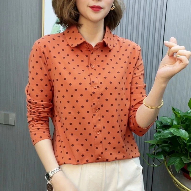 

Fashion Lapel Button Printed Polka Dot Shirts Women's Clothing 2024 Autumn New Loose Commuter Tops Long Sleeve Casual Blouses