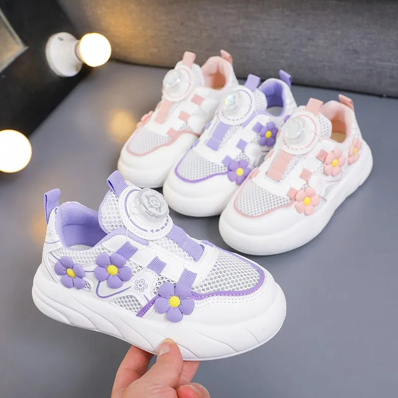 Girls' Sneakers 2024 New Summer Rotating Button Breathable Children's Sports Shoe Fashion Flower Girls Casual Shoes