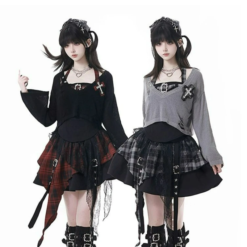 

Vintage Sweet Lolita 3 Piece Set Women Vintage Elegant Knitted Pullover Cute Halter Vest Plaid Mini Skirt Suit Femme Y2k Outfits