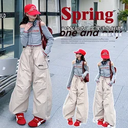 14 spring teen girl Cargo Wide leg pants junior kid Casual curved trousers cotton youth Letter shoulder T-shirt roupas infantil