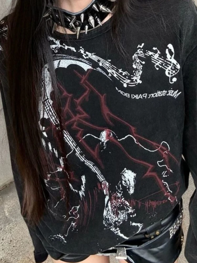 

Y2k Japanese Vintage Black T-Shirts Long Sleeve Summer Harajuku Punk Printing Casual Loose Tops Women Streetwear Grunge Clothes