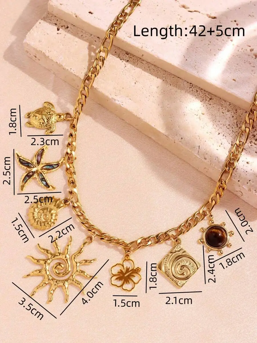 Vintage Style Stainless Steel Chain Necklace With Turtle Seashell Sun Flower Charms For Women