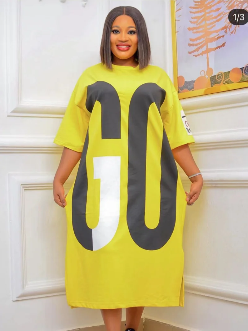 Nova chegada verão africano oversized algodão saia, manga curta, comprimento médio, impresso com letras, disponível em SizesL-4XL