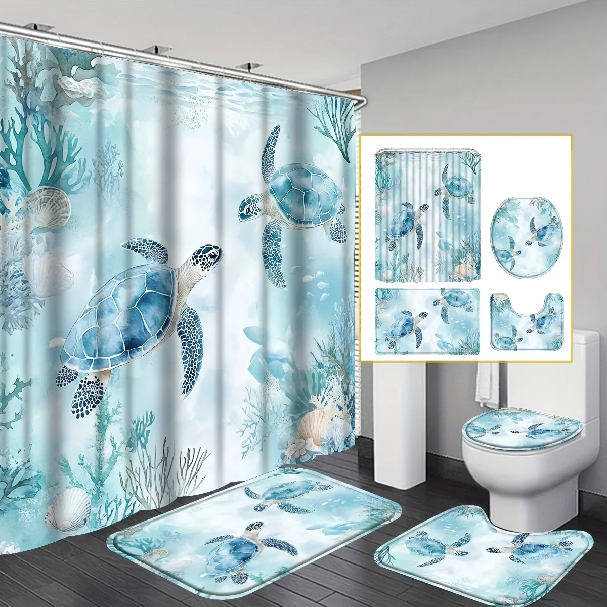 4-piece turtle shower curtain set with hooks, non-slip mat, toilet seat cover and U-shaped mat for bathroom decoration