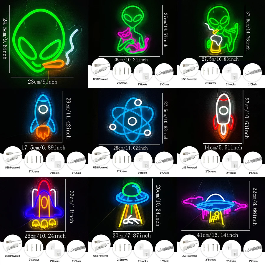 Alien Neon Sign,Rocket/Spacecraft Led Neon Lights for Wall Decor Game Room Home Bar Party Bedroom Man Cave Decor,USB Powered