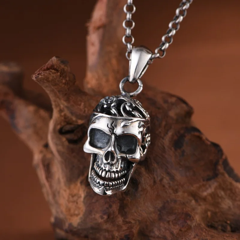 BOCAI NEW S925 Pure Silver Retro Personality Punk Hollowed Out Skull Pendant