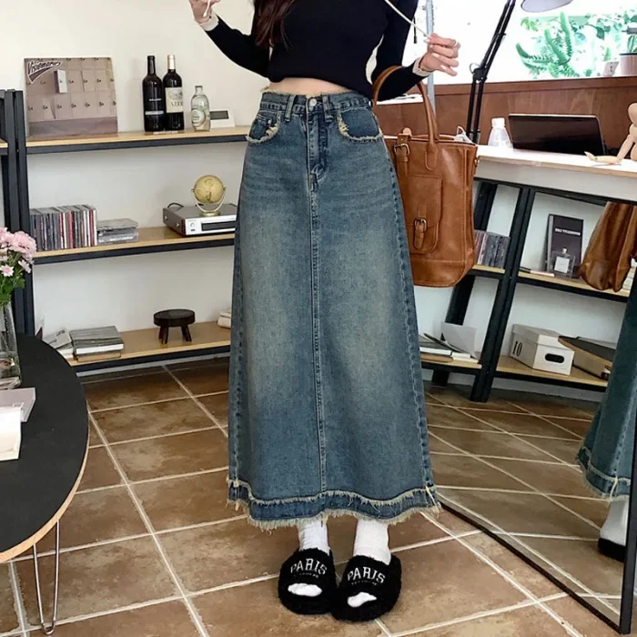 Vestido Largo Vaquero Retro de Moda para Primavera y Verano Falda Casual para Mujer, con Flecos y Corte Recto en Línea A