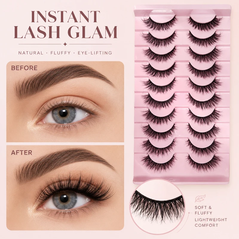10 Pairs 3 Styles Natural Glam Full Glam False Eyelashes Wispy Fluffy Soft Lightweight Reusable Eye Lifting Lashes Flexible Band
