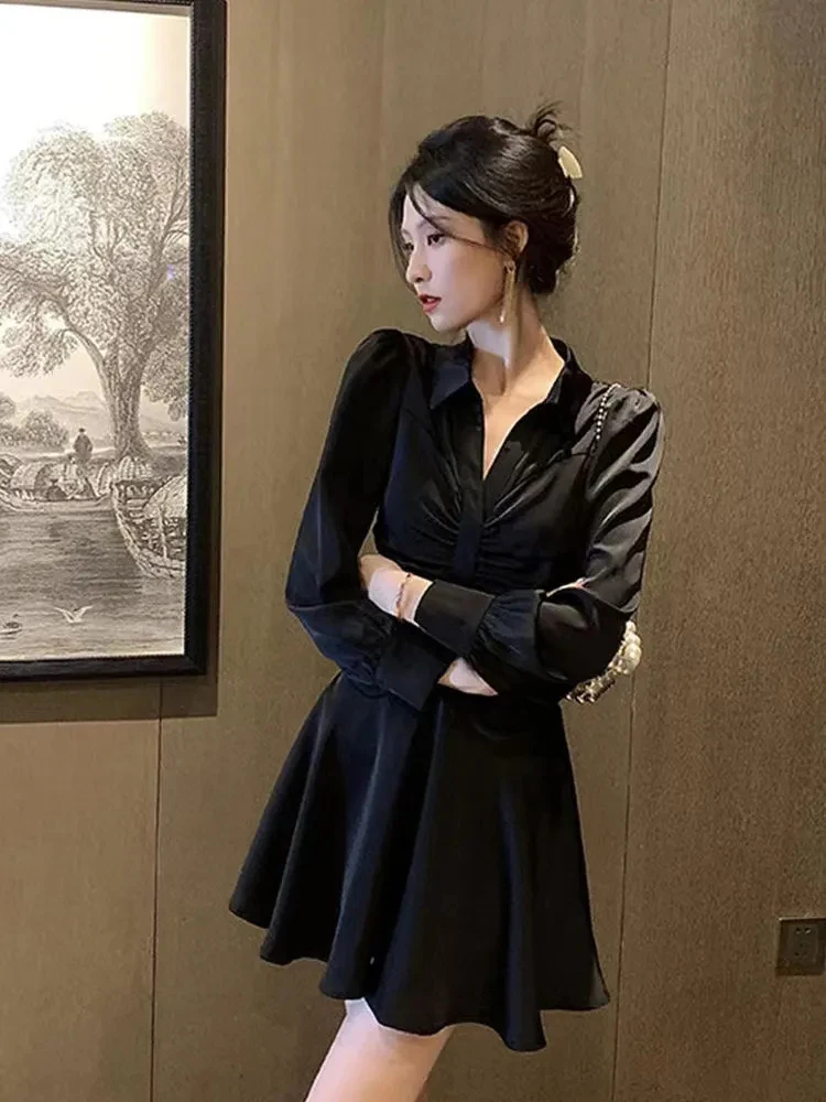 Minivestido elegante francés para mujer, Vestidos ajustados de manga larga con pliegues y cuello en V, moda estética lisa, Vestidos de oficina para mujer