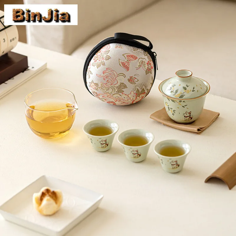 

Ручная роспись, османтус и кошка, дорожный чайный сервиз, роскошный набор, 1 чаша, 3 чашки, органайзер для чайника, портативные пакеты для пикника, принадлежности