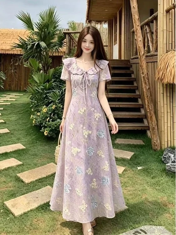 

plus Size Floral Skirt with Waist Cinching Heavy Embroidery Short Sleeve Summer Dress for Women Beautiful And Slimming