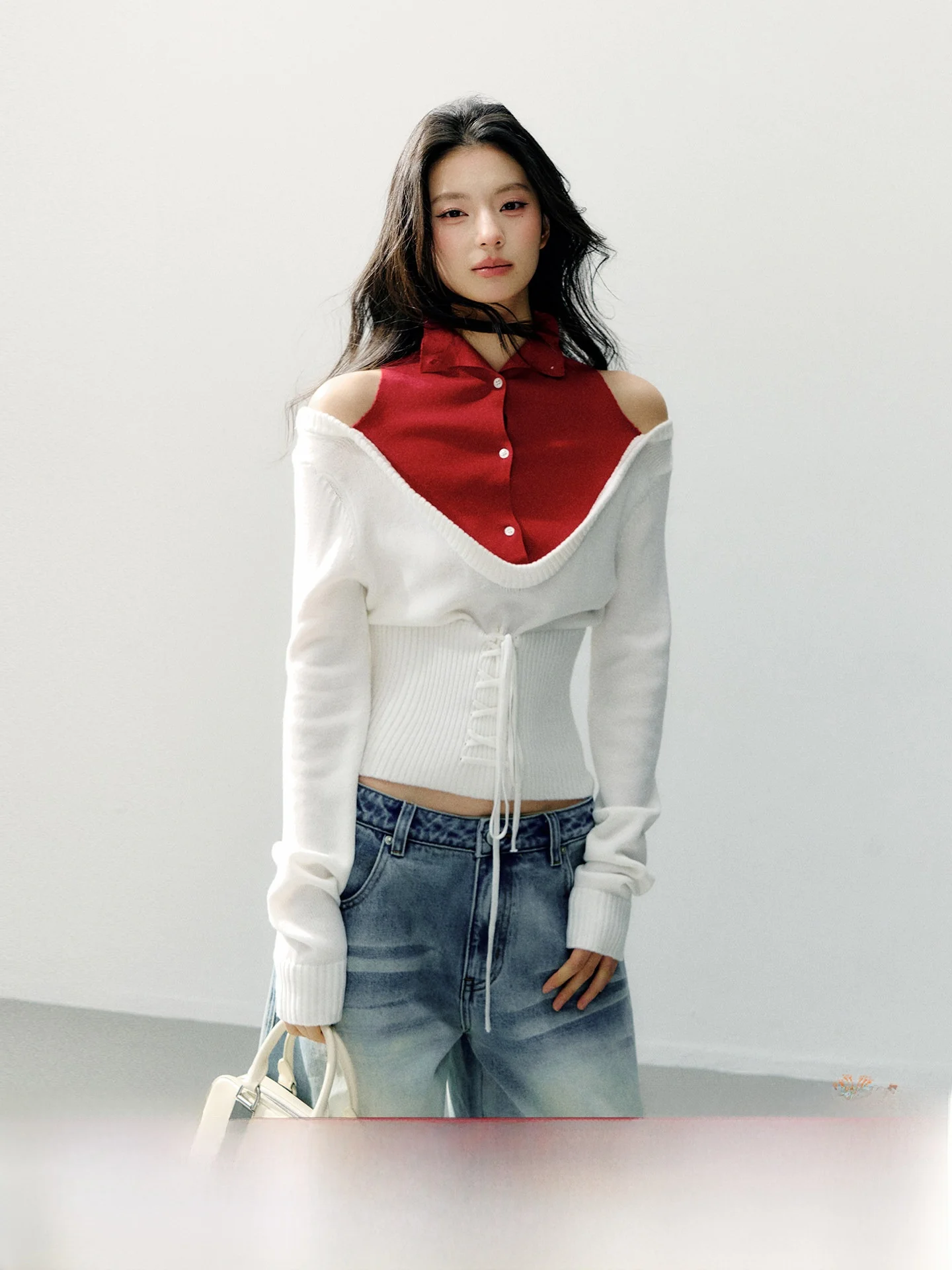 

7iftin Original Design Long Sve Knitted Red Patchwork Women's Spring Slim Fit Inner Wear Fake Two-Piece Top