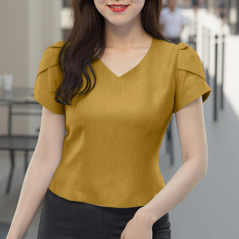 ZANZEA بلوزة صيفية قصيرة الأكمام منتفخة بلوزات نسائية موضة الربيع قمصان بلون واحد مثيرة على شكل حرف v بلوزات غير رسمية ملابس الشارع