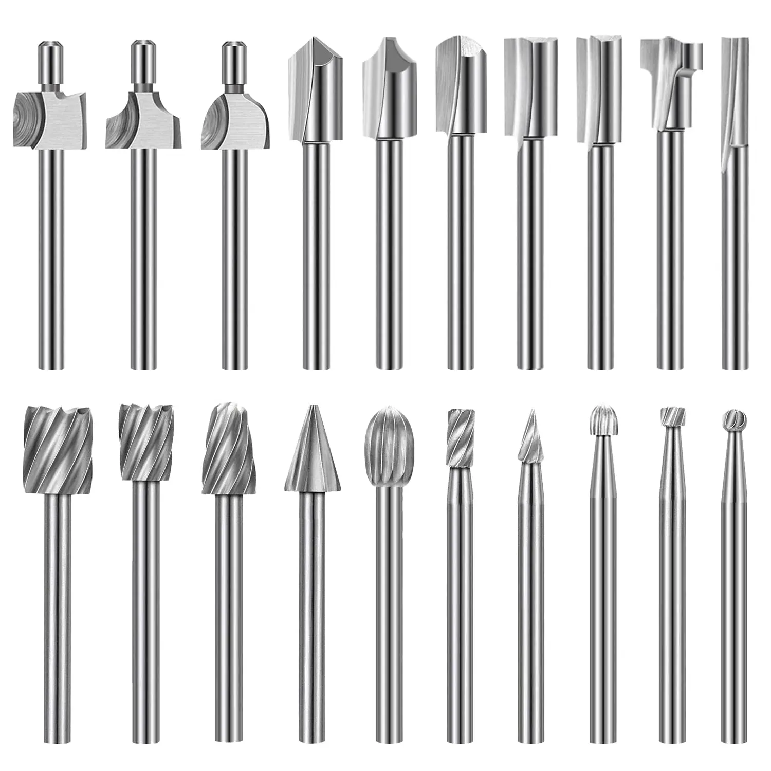 

Wood Carving Bits Engraving Router Bit, 20pcs HSS Different Rotary Burr Set with 1/8"(3mm) Shank for Rotary Tools