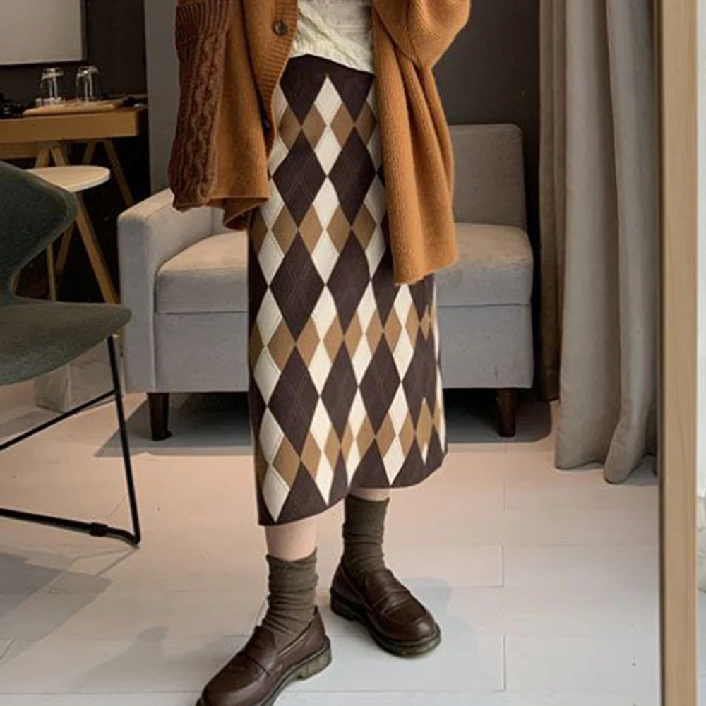 

Rhombus thickened elastic knitted wool skirt medium and long autumn and winter plaid women's straight hip wrap long skirt