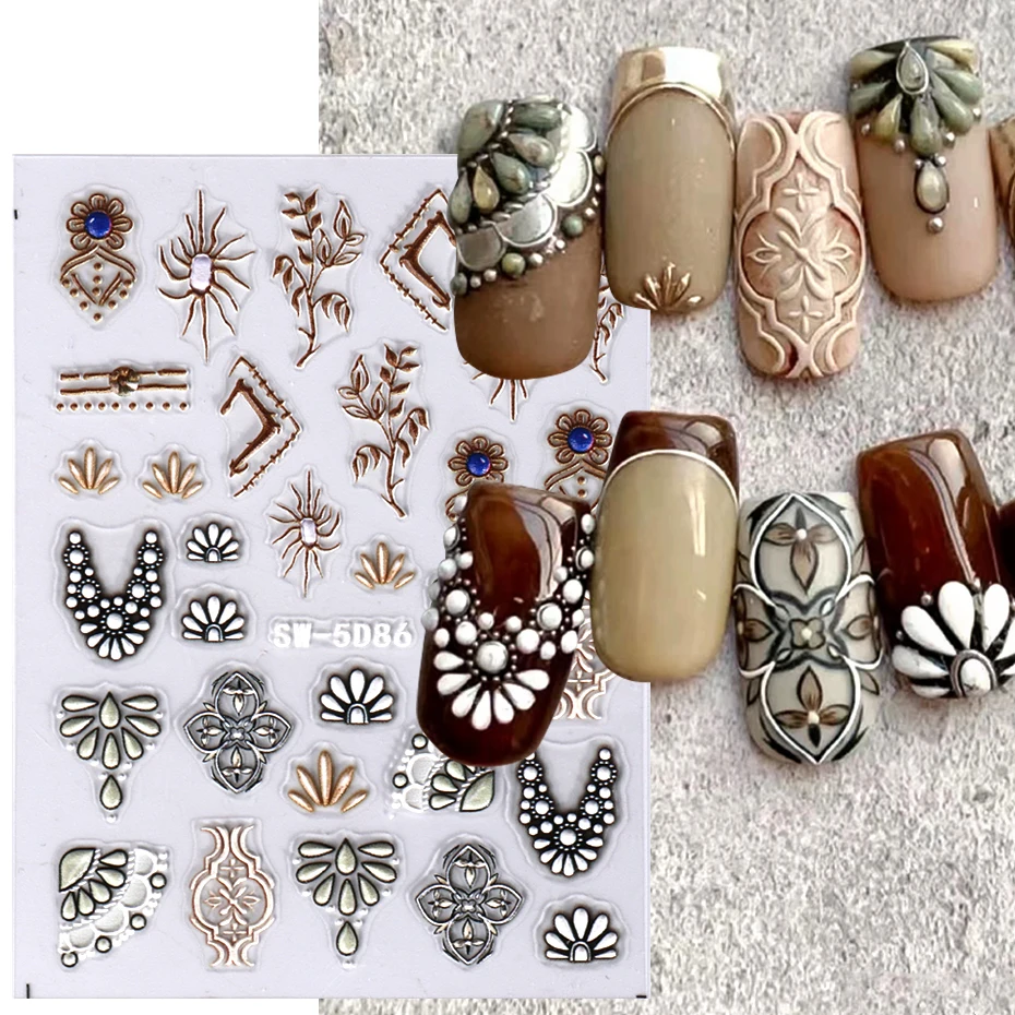 5D Acrylic Bohemia Flowers Nail Embossed Sticker Brown Filigree Lace Tribe Design Adhesive Decal Charms Textured Decoration SASW