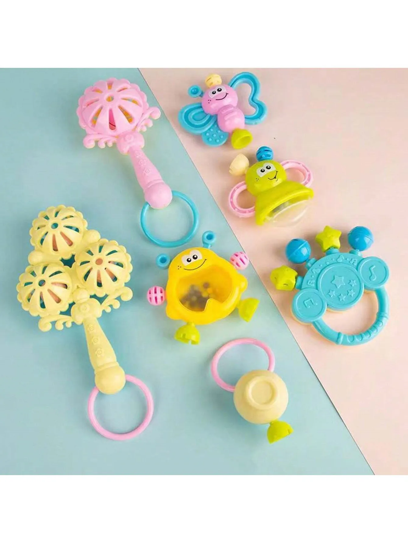 Sonajeros de mano de goma suave para bebés de 0 a 1 años, mordedor de cuerda, Bola de agarre de mano de color aleatorio, juguetes educativos