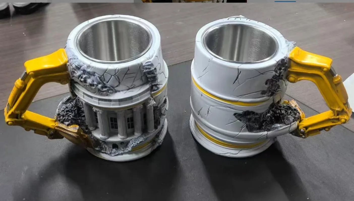 Creative Demolition Excavator Mug 3D Cracked Building Coffee Cup 304 Stainless Steel Liner Resin Decorative Drinkware