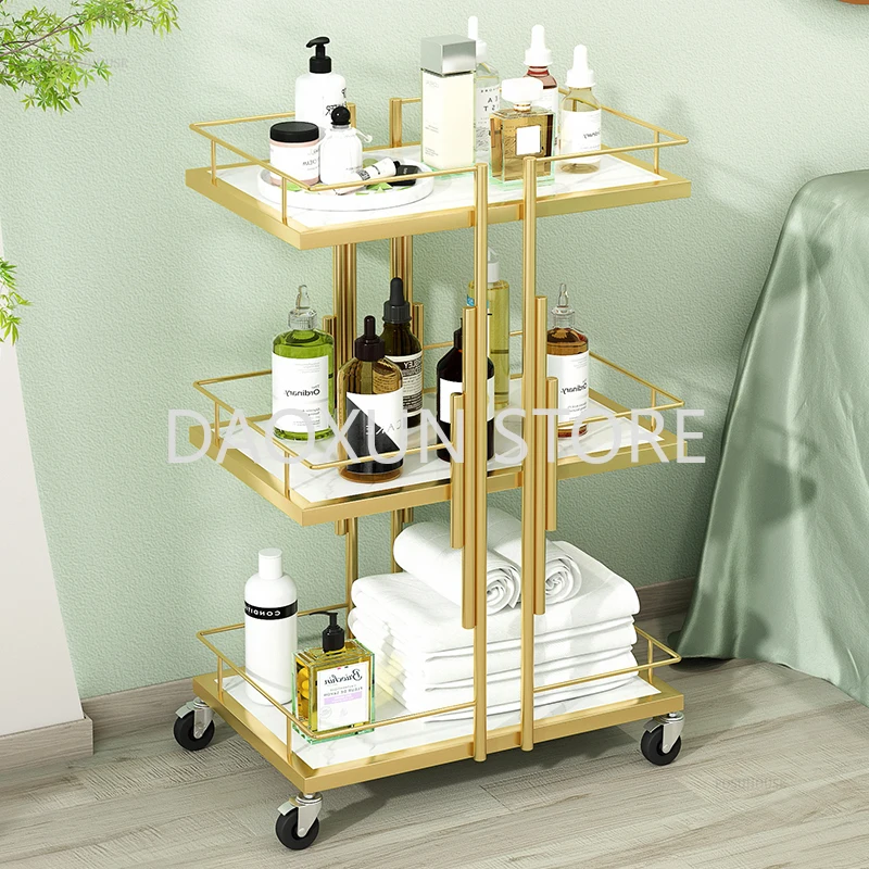 Professional Golden Iron Salon Trolleys Modern Beauty Salon Auxiliary Cart With Wheels Salon Furniture Professional Tool Trolley