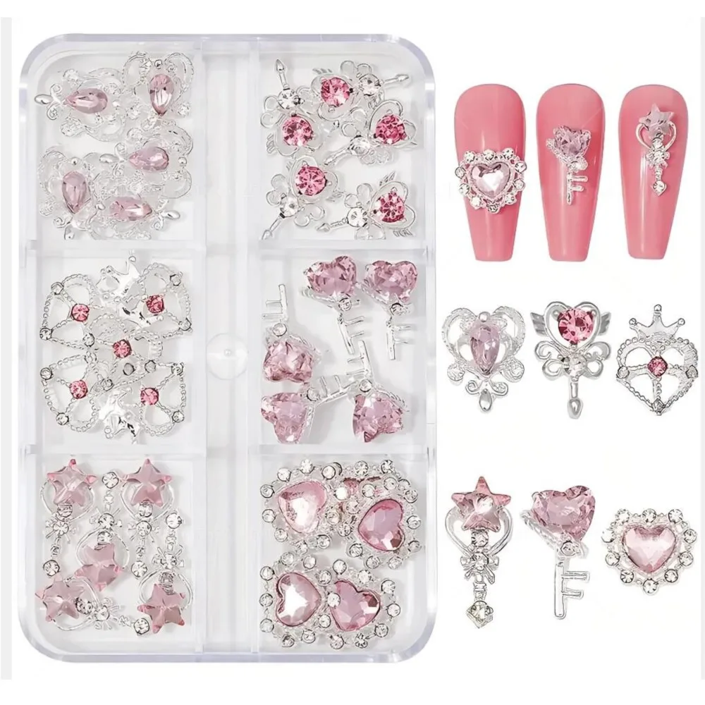 30 stks/doos Luxe Roze Diamant Liefde Hart Nail Charms Kawaii Sailor Meisjes Toverstaf Crystal Gems DIY Manicure Sieraden Decor # Y2K