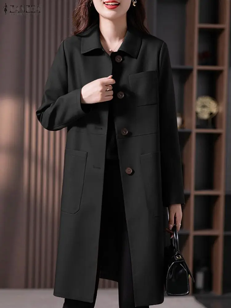 Damskie płaszcze typu trencz w stylu vintage 2025 ZANZEA Jesień Eleganckie płaszcze robocze w stylu OL Stylowe, jednolite, wiatroodporne długie płaszcze z długim rękawem i kołnierzem.