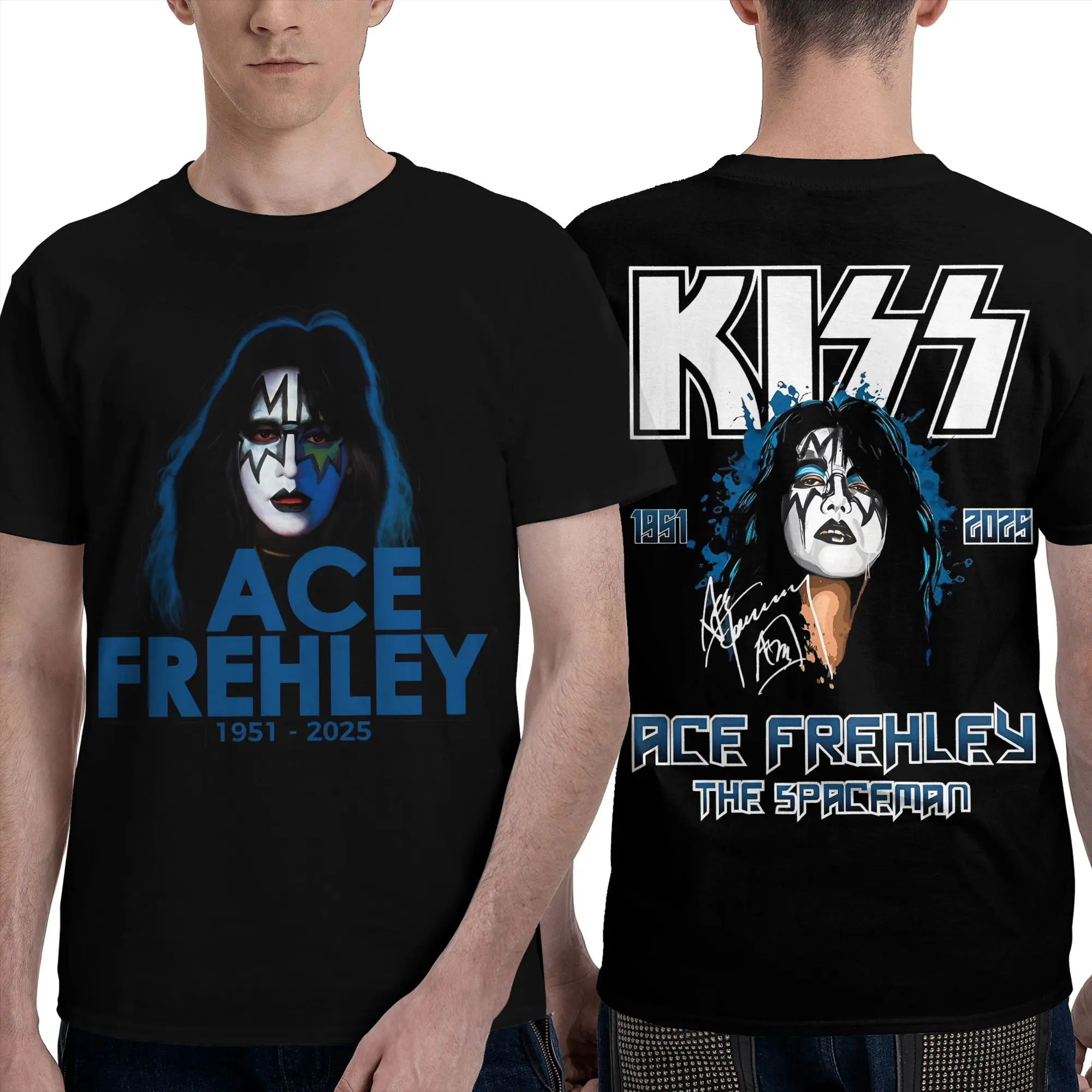 الصيف الرجال النساء مزق الآس فريلي رجل الفضاء 1951-2025 قبلة الفرقة قميص الزي القطن تي شيرت الملابس متعة تي شيرت