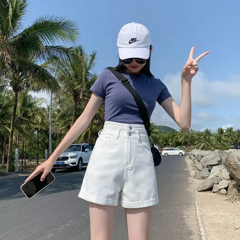 White Loose Women's Denim Shorts High Waist Double Buckle A-Line Cuffed Slimming Summer Hot Pants Casual Wide Leg Jeans