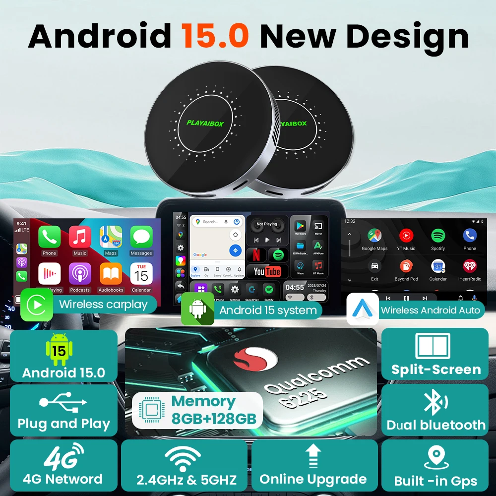 กล่องทีวี Android 15 Carplay AI รองรับ Wireless Carplay และ Android Auto ชิปประมวลผล QM6225 สำหรับ YouTube Netflix พร้อม GPS ในตัว รองรับการแบ่งหน้าจอ สำหรับรถยนต์ Volvo VW MG