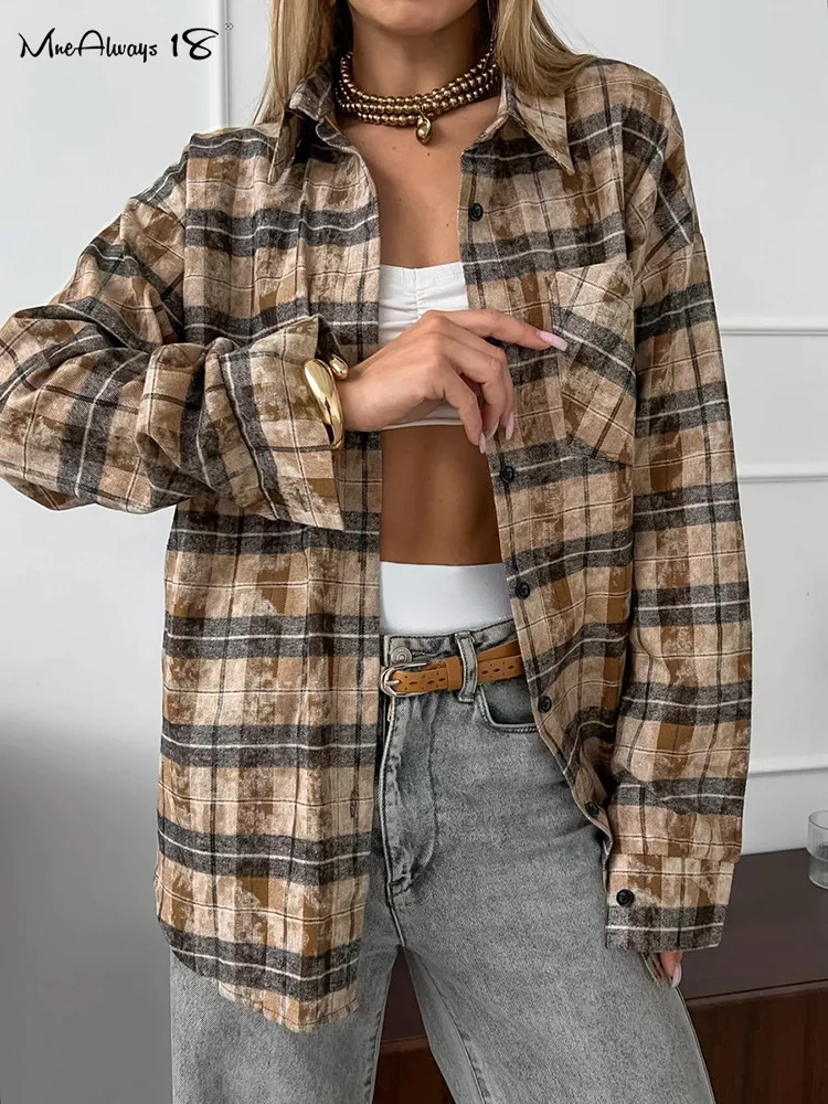 Mnealways18 Turn Down Collar Vintage Gingham Shirts Women Oversize Pockets Plaid Blouses And Tops Long Sleeves Streetwear 2024