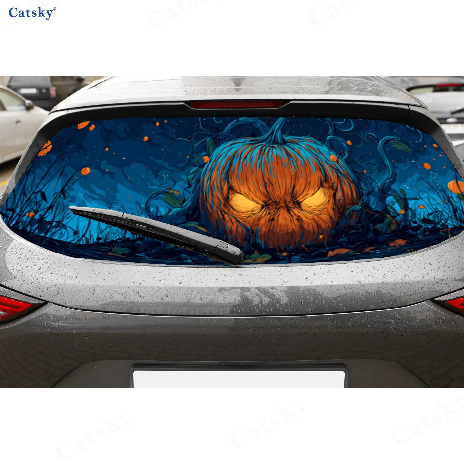 Halloween Pumpkin Lantern Dark Fantasy PVC Perforated Car Vinyl Wraps, Durable Car Rear Windshield Sticker, Waterproof Car Rear