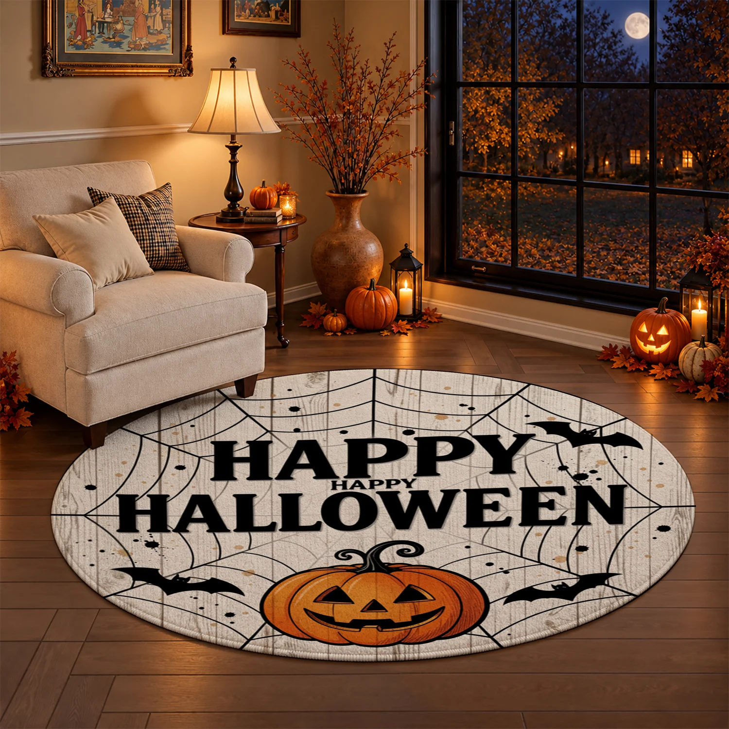 Halloween Pumpkin Bat Spider Web Circular Pattern Velvet Decorative Wreath, Machine Washable, Suitable for Front Door, Living Room, Entryway, Home Decoration, Ideal for Halloween, Thanksgiving, Black Friday, Christmas, New Year Celebrations