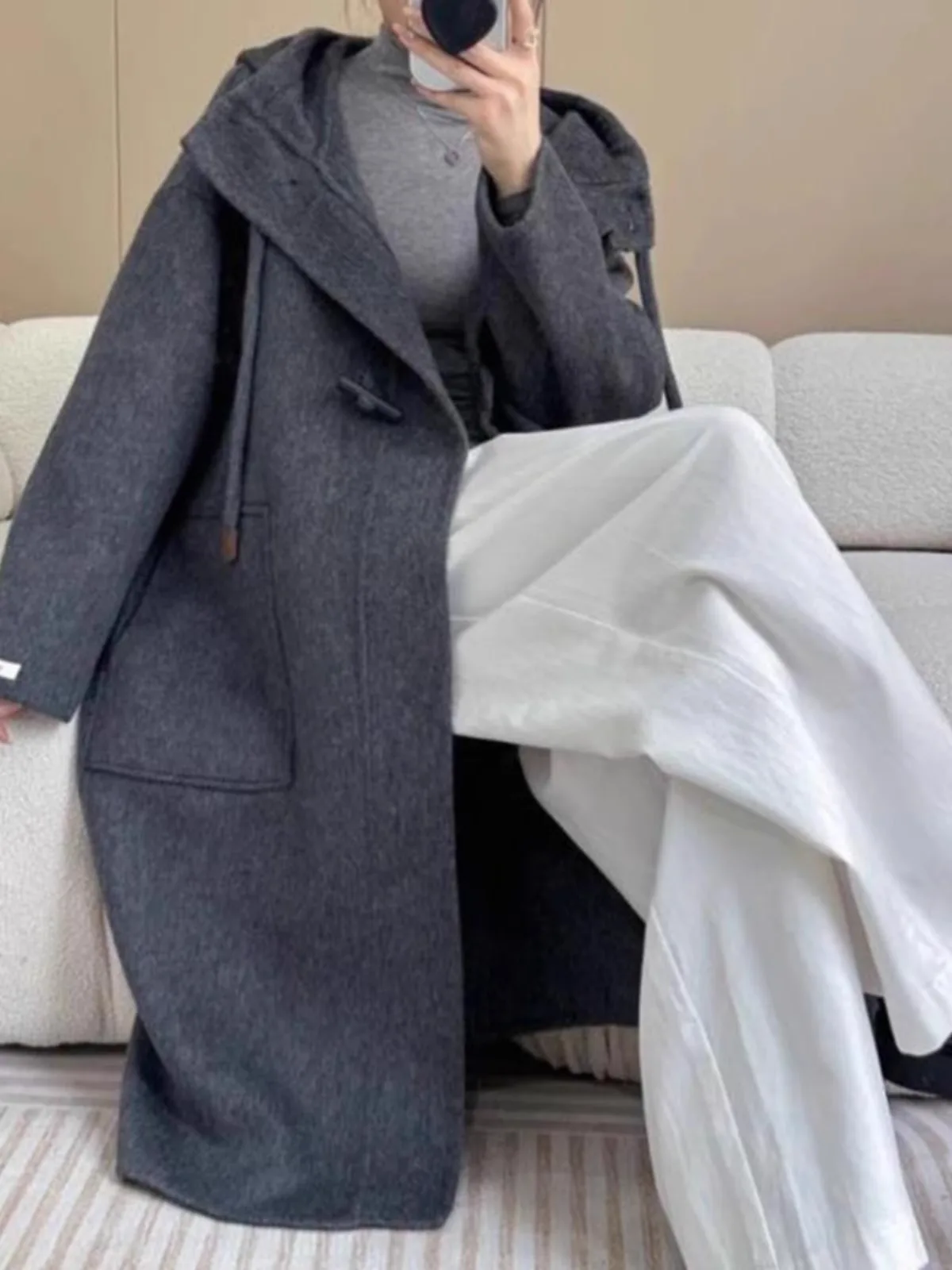 양면 카메라 오버니 코트 여성용 중간 길이 울 코트 한국 스타일 혼 버튼 후드 자켓 가을 겨울 신상...