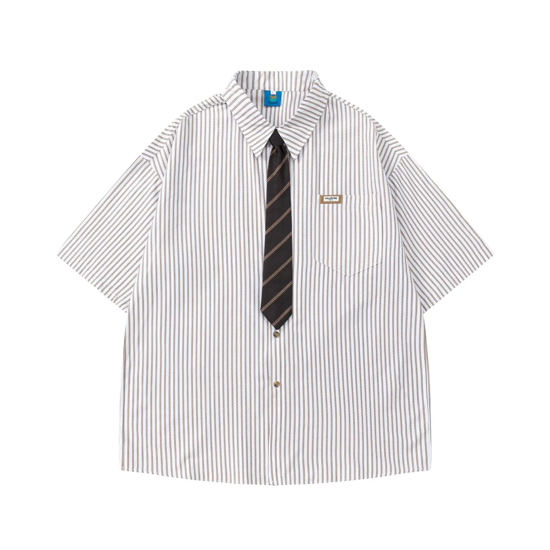 Streetwear Preppy Unisex Summer Shirt, Men Women Vertical Stripe Short Sleeve Blouse Striped Tie Pocket Tag Casual Daily Top