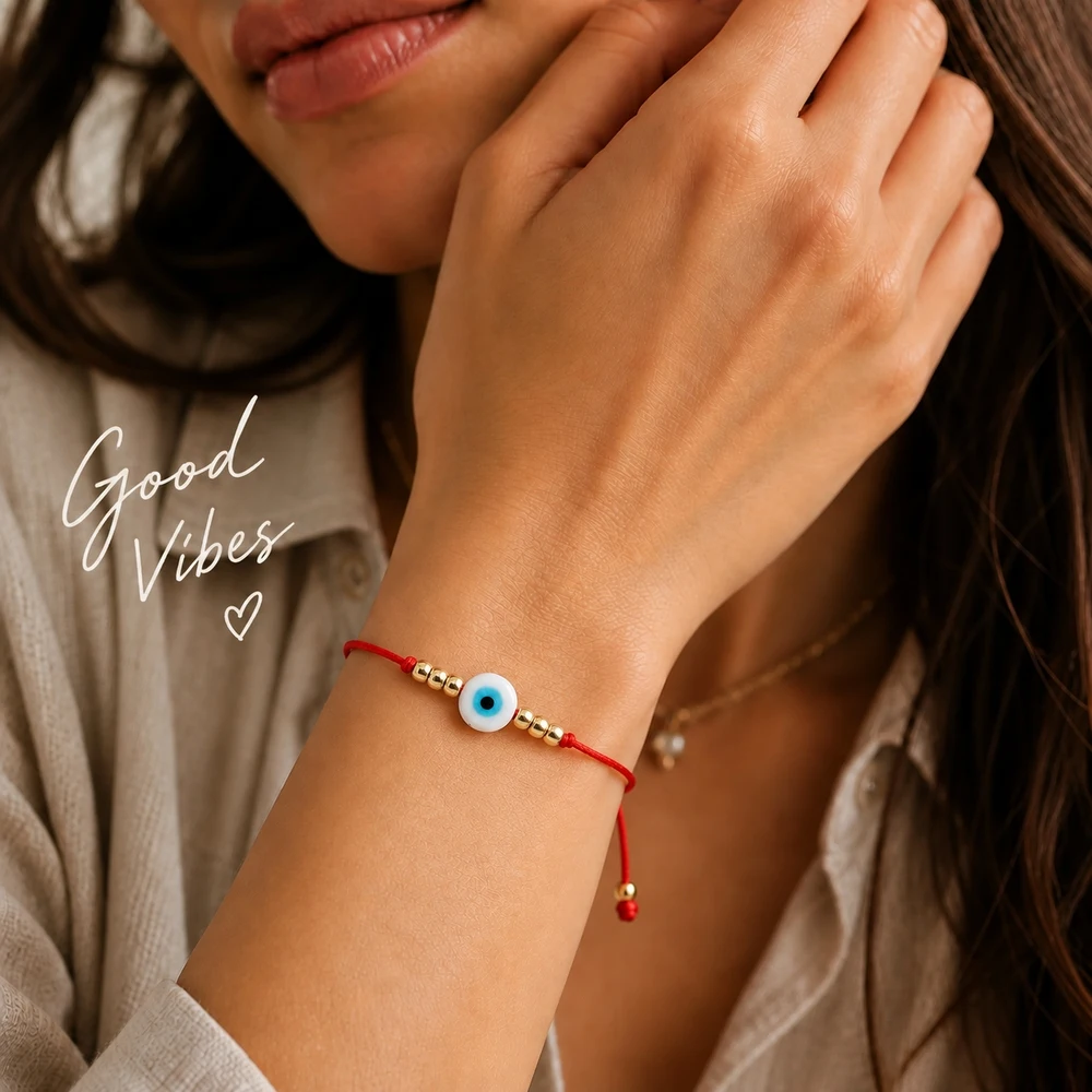 1pc Adjustable Lace-Up Red Cord Bracelet with Round Blue and White Eye Glass Bead Trendy Unisex Strand Jewelry