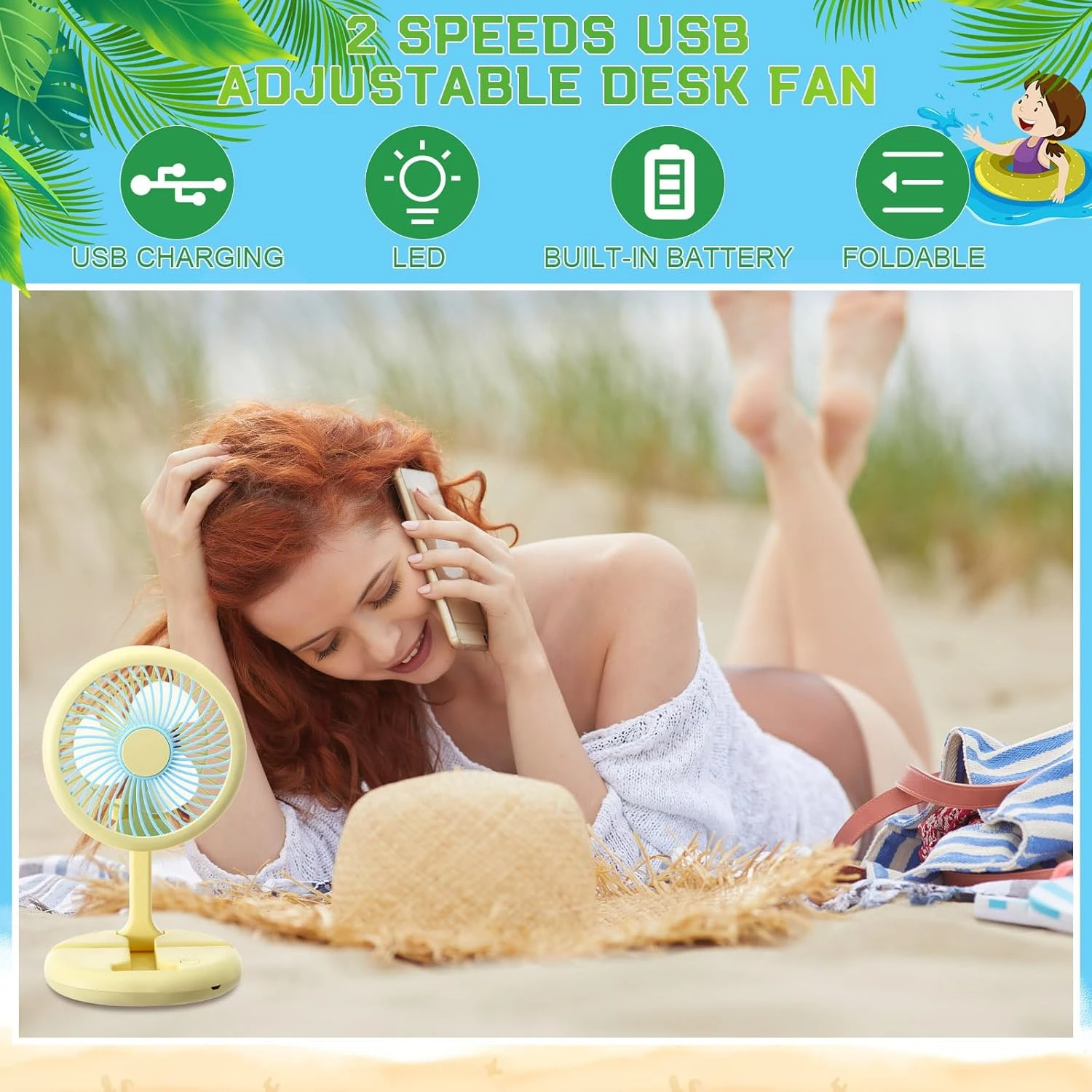 Ventilatore portatile a LED da 4 pezzi Ventilatore per asciugacapelli personale ricaricabile USB Ventilatore per trucco per donna Ventilatore da tavolo da scrivania a 2 velocità Campo telescopico