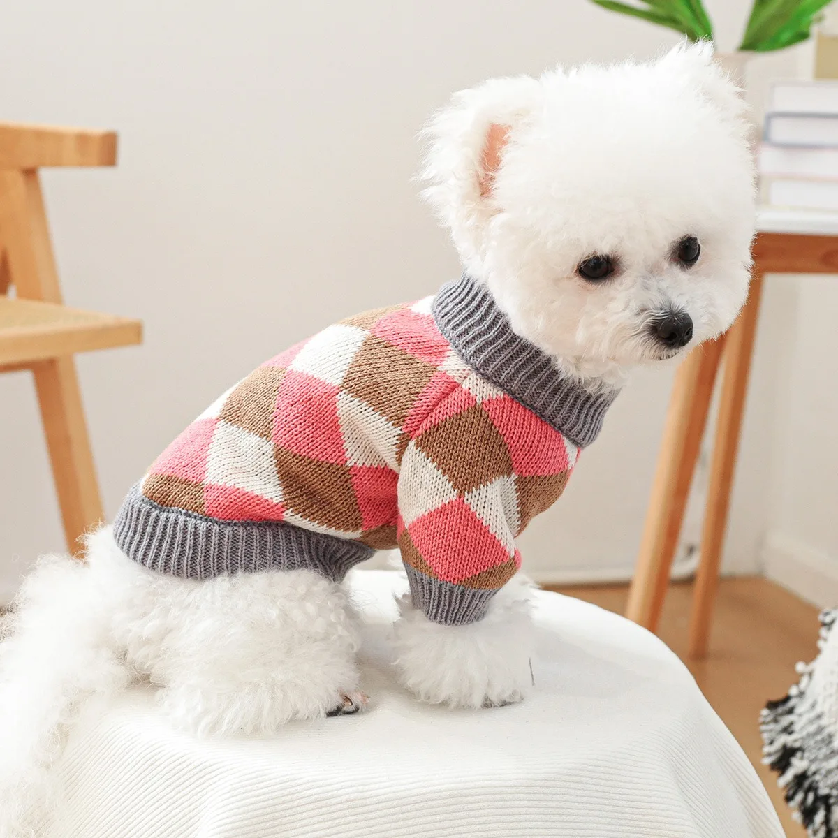 

Pet Plaid Sweater Teddy Winter Warm Clothes Yorkshire Knit Sweater Small and Medium Dogs Two Leg Pullover