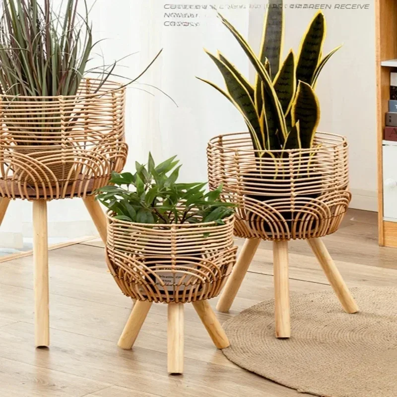 Imitation Rattan Flower Stand Nordic Weaving Shelves Indoor Practical Organizer Beautiful Flower Display Rack Plant