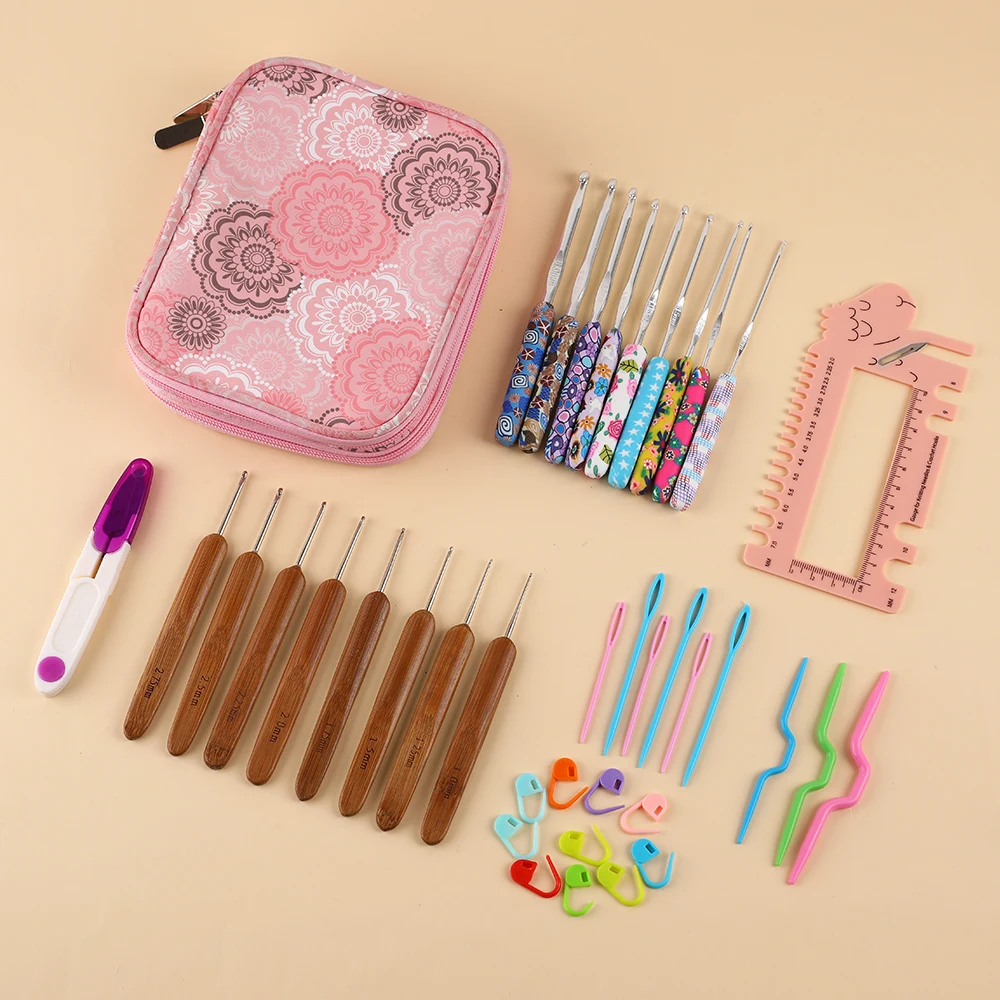 29Pcs/Set Sewing Crochet Hooks Kit With Storage Bag Soft Handle Crochet Needles Yarn Weave Knitting Needles Set DIY Weaving Tool