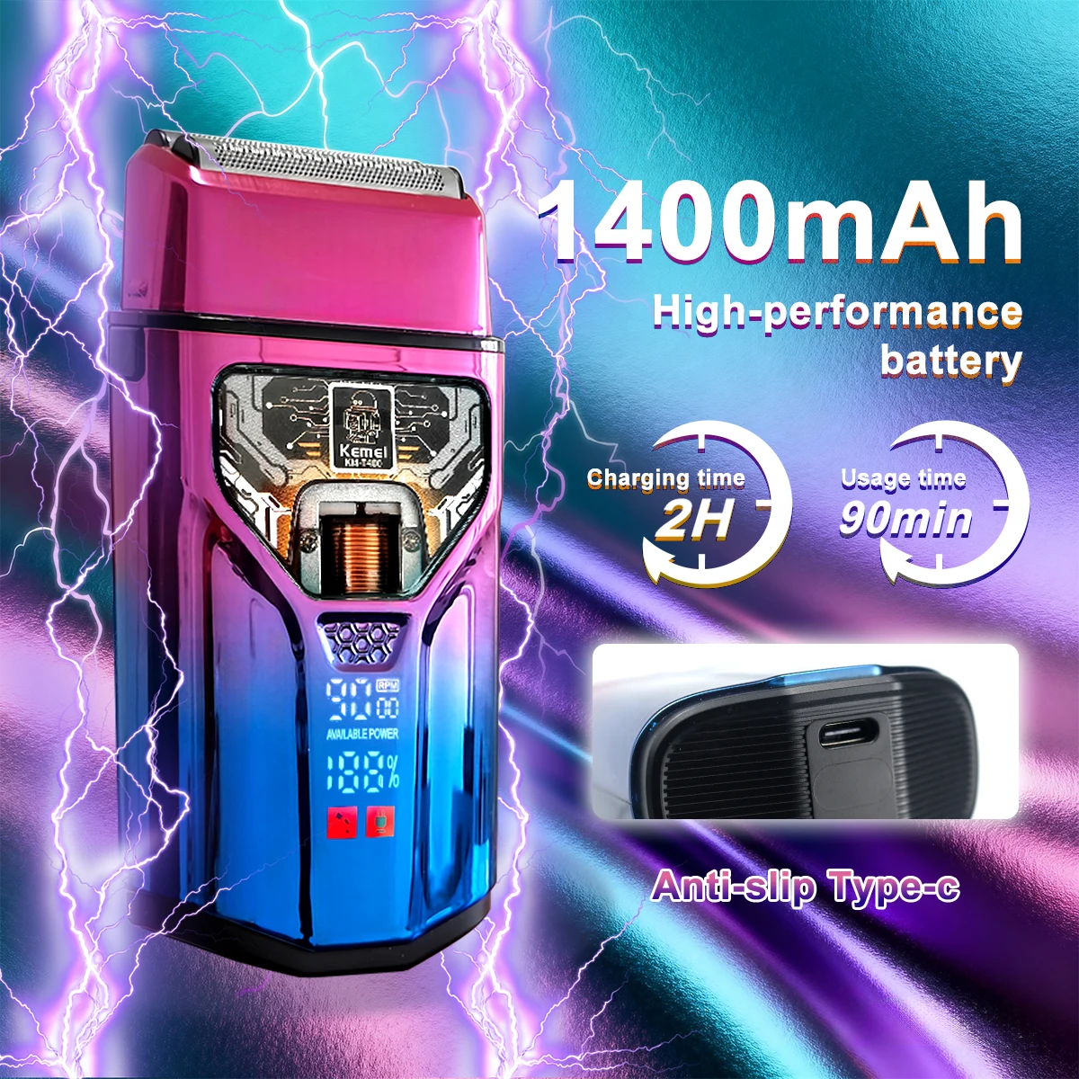 KEMEI KM-T400 máquina de afeitar para hombres doble lámina 9000RPM 5W Motor de levitación magnética pantalla LCD Afeitadora eléctrica profesional