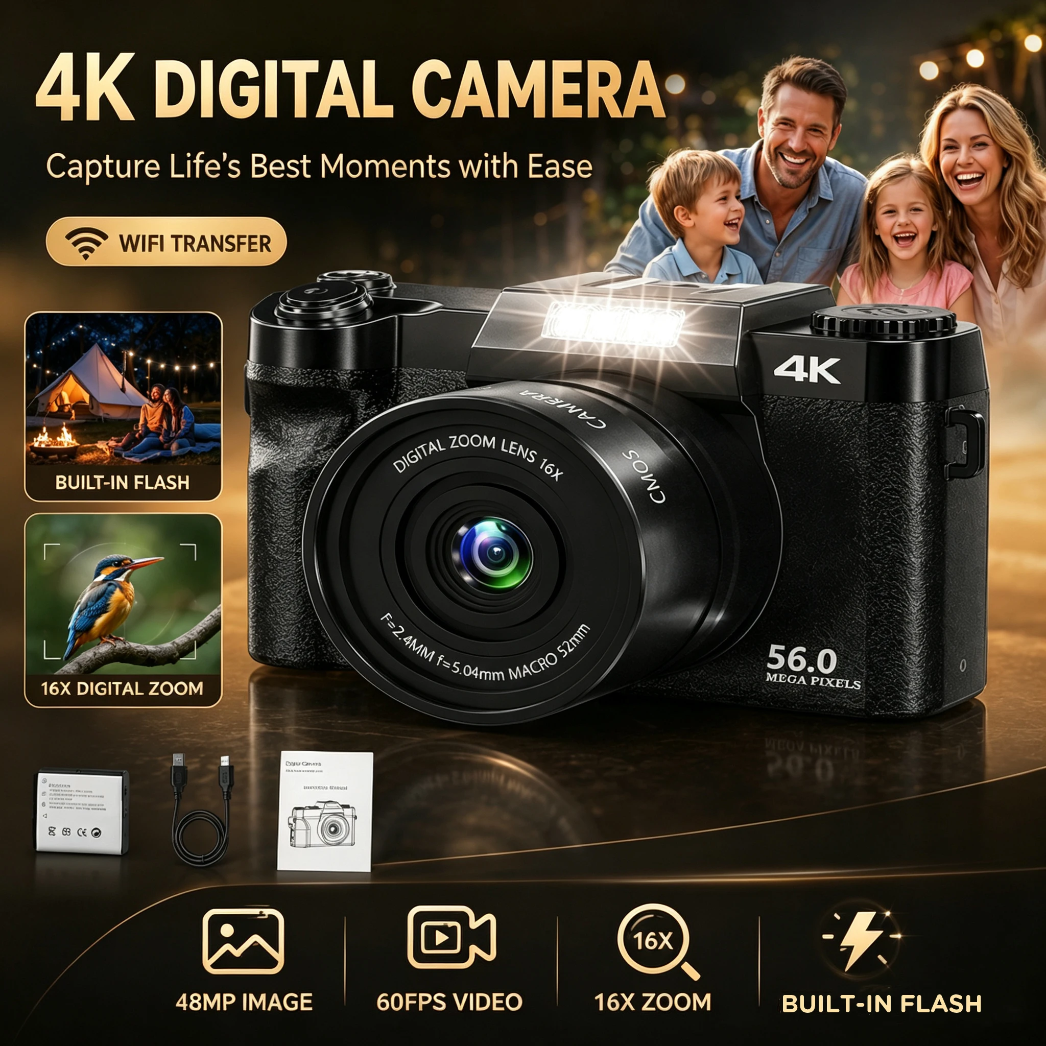 4K Digital Camera 48MP with 3 LCD Screen 16X Zoom Wide Angle & Macro Lens HDMI Output Motion Detection Supports 128GB SD Card