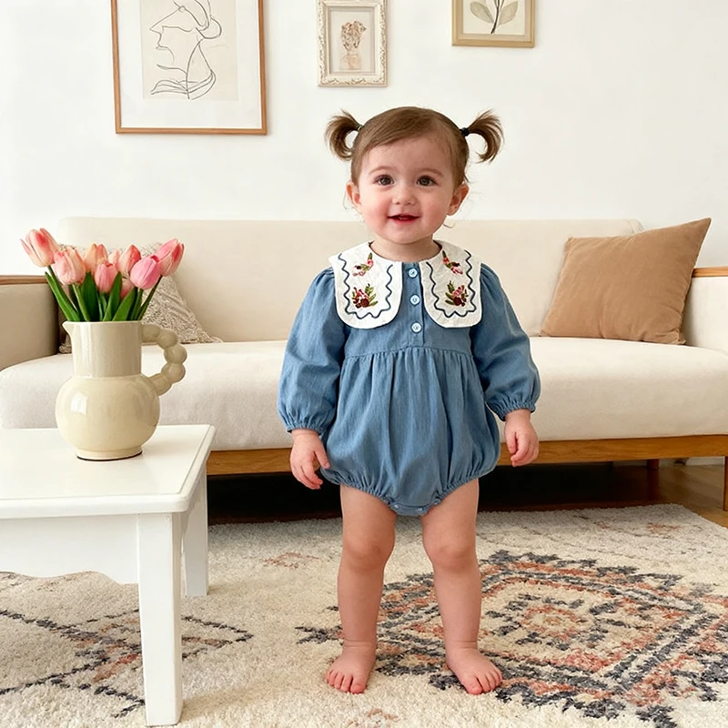 2026 ربيع جديد 0-24 متر الوليد طفلة ارتداءها طويلة الأكمام التلبيب التطريز رومبير القطن طفلة بذلة ملابس الأطفال