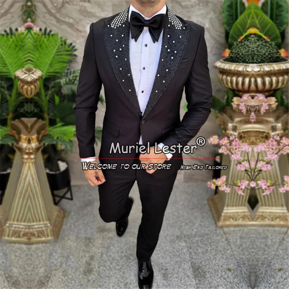 

Luxury Groom Tuxedos Black Classic Crystals Beading Lapel Jacket Pants 2 Pieces Men's Suits For Wedding Bespoke Male Clothing