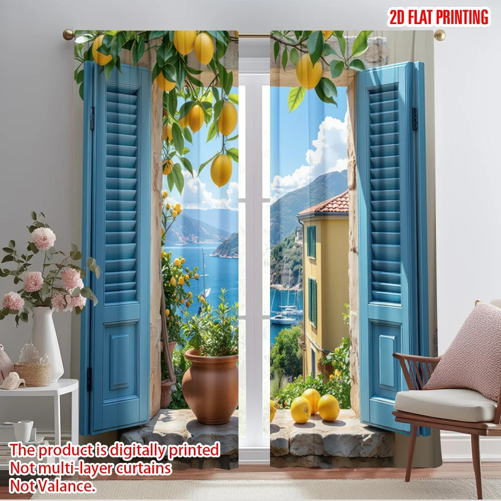 

2pcs 2D flat printing Window Drapes Mediterranean Lemon View 100% Polyester Without Electricity All Season Party & Holiday Decor