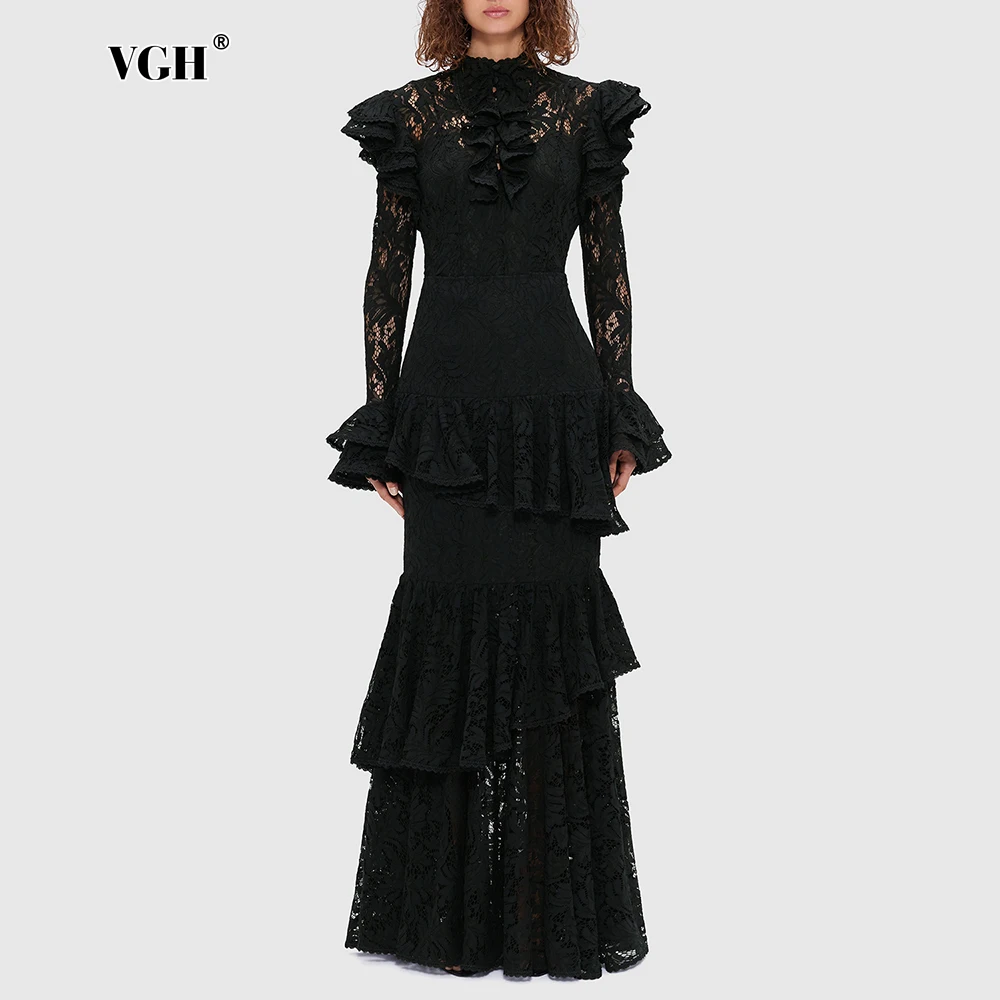 

VGH Fashion Two Piece Set for Women Round Neck Long Sleeve Tops High Waist Patchwork Ruffles Skirt Sets Female Temperament New