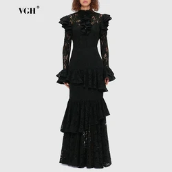 VGH Fashion Two Piece Set for Women Round Neck Long Sleeve Tops High Waist Patchwork Ruffles Skirt Sets Female Temperament New