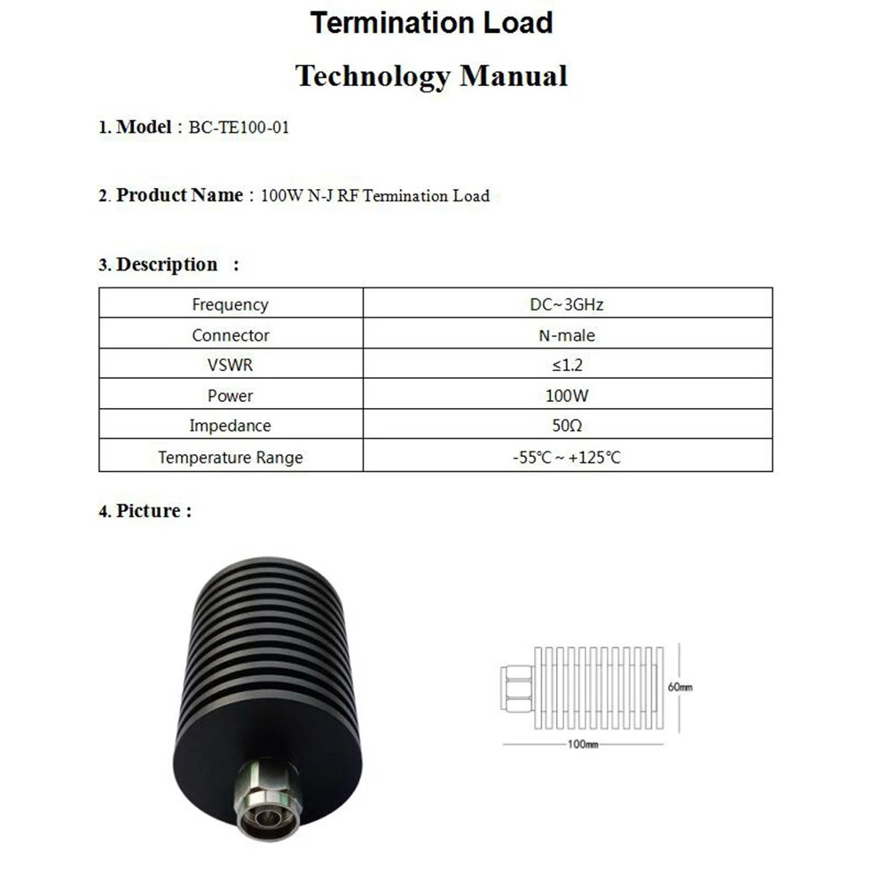 Connecteur mâle DUNILoad N, 100W, DC-3GHz, 50 Ohm, terminaison coaxiale RF