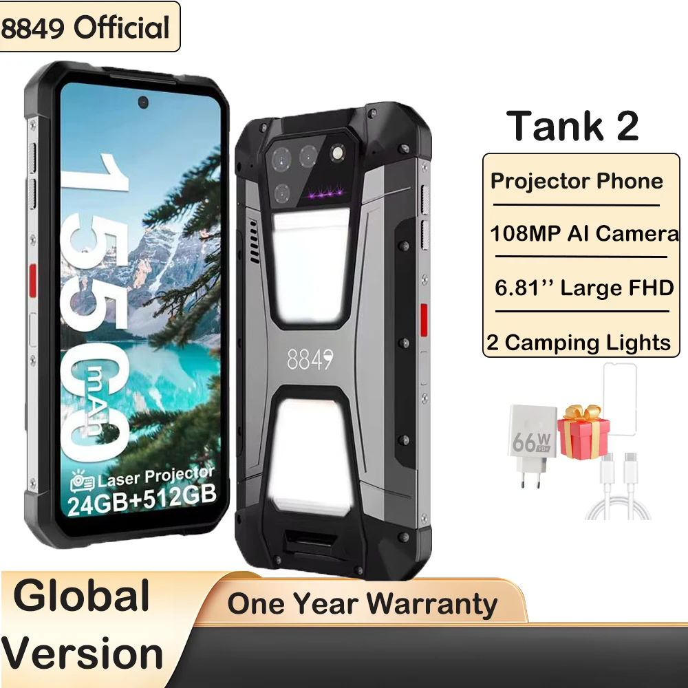 8849 Tank 2 Rugged by Unihertz 프로젝터 22GB RAM 256GB ROM 108MP 캠핑 라이트 64MP 슈퍼 나이트 비전 G99 15500mAh TF NFC