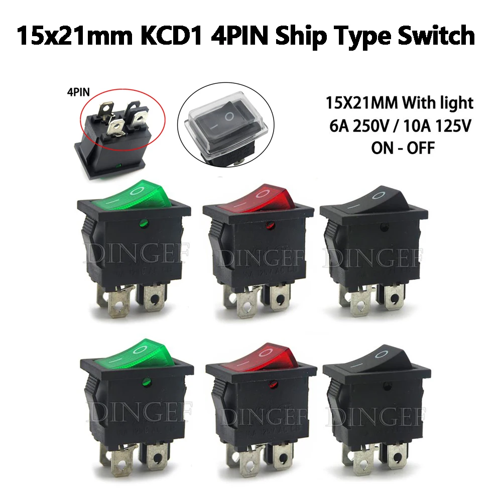5PCS Switch ON-OFF KCD1 4P Ship Type Switch 6A 250V 10A 125V 15X21 Rocker Switch power Switch with light 15x21mm Red/Black/Green